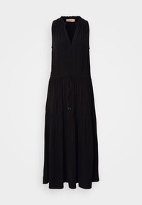 Robe midi noire sans manches avec col en V, ceinture froncée à la taille et jupe à volants, présentée sur un fond blanc uni.