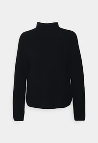 Schwarzer Strickpullover mit hohem Kragen, langen Ärmeln und lässiger Passform. Mit gerippter Textur und geradem Saum.