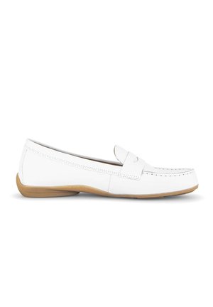 White leather loafer with a tan rubber sole and penny strap detail, shown in a side profile on a white background.