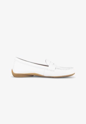 White leather loafer with a tan rubber sole and penny strap detail, shown in a side profile on a white background.