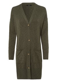 Olivově zelený kardigan s výstřihem do V, dlouhými rukávy a dvěma předními kapsami. Má šest hnědých knoflíků na zapínání vpředu.