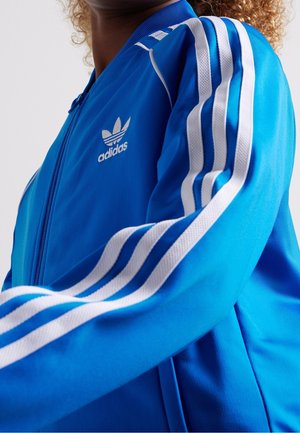 Osoba w niebieskiej kurtce Adidas z białymi trzema paskami na rękawach i logo Adidas na piersi.