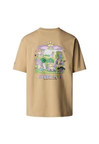 Beige cotton t-shirt featuring a colorful graphic design on the back, depicting a nature scene with characters, clouds, and a rainbow.
