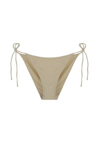 Perizoma beige con lacci laterali. Caratterizzato da tessuto morbido, design a vita bassa e copertura minimale.