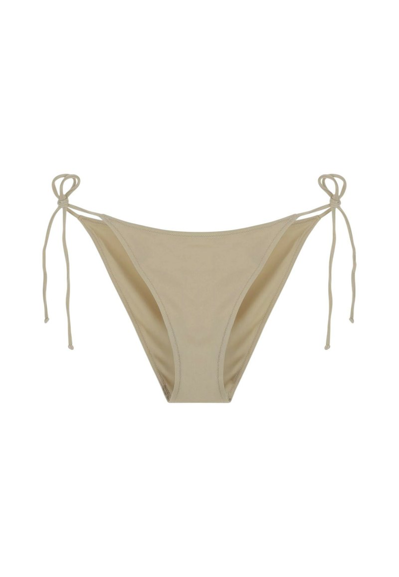 Perizoma beige con lacci laterali. Caratterizzato da tessuto morbido, design a vita bassa e copertura minimale.