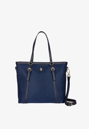 Navyblauwe tote bag met goudkleurig logo, dubbele handvaten en een afneembare schouderriem, ontworpen voor stijlvolle functionaliteit.
