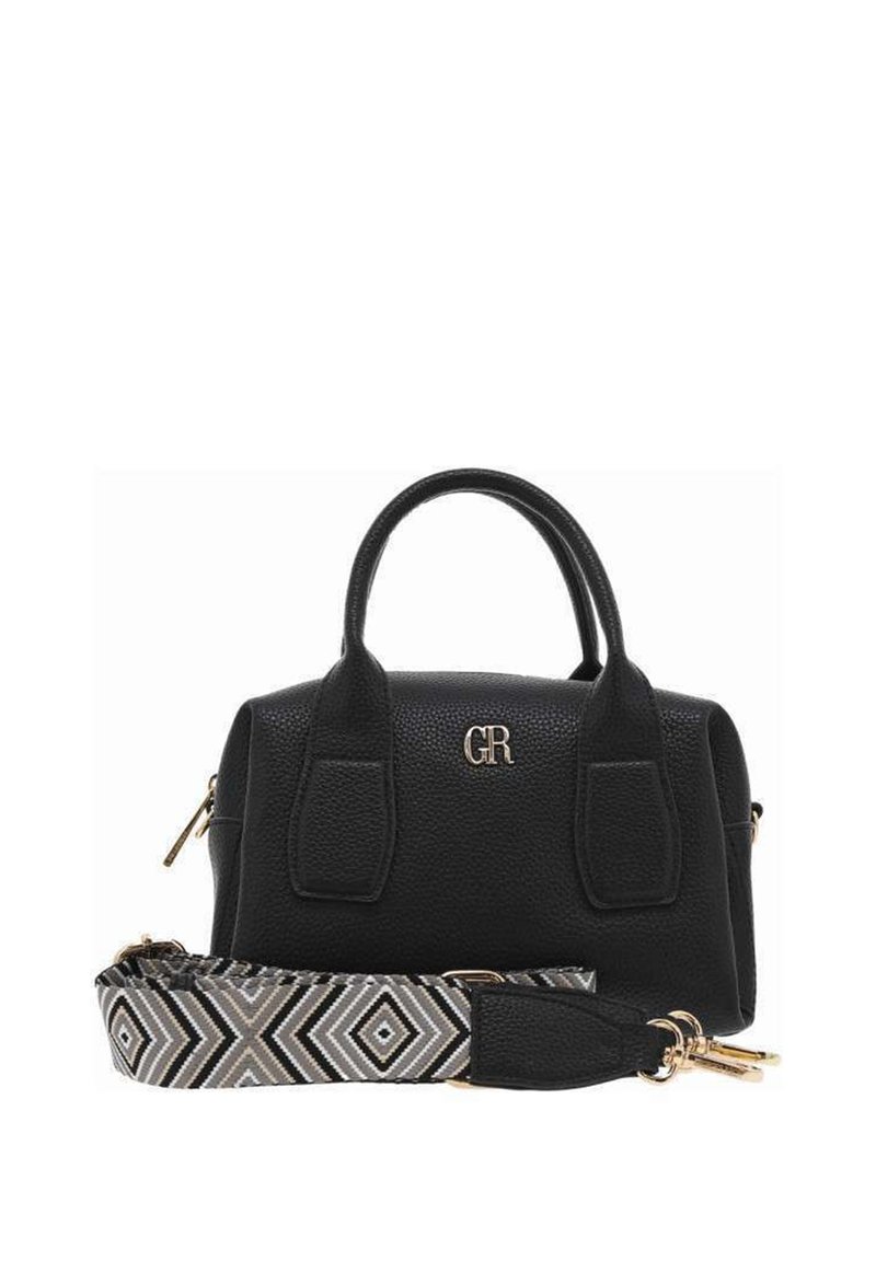 Sac à main en cuir noir avec quincaillerie dorée, présentant des poignées supérieures doubles, une bandoulière amovible à motifs et une surface texturée.