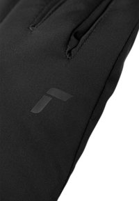 Black outer layer with a smooth texture, featuring angled pockets and a subtle logo. The material is durable and weather-resistant.