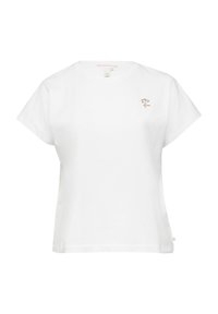 T-shirt en coton blanc avec des manches courtes, un col rond et une petite broderie florale colorée sur la poitrine gauche. Design simple et classique.