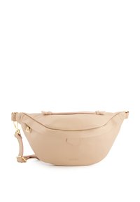 Fanny pack i blødt beige læder med en buet form. Har en guld hardwarelås, lynlåslukning og prægede logo detaljer.
