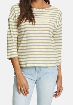 Camicia a maniche lunghe a righe in verde chiaro e bianco sporco, realizzata in morbido cotone, con una vestibilità ampia e un design a scollo a barca.