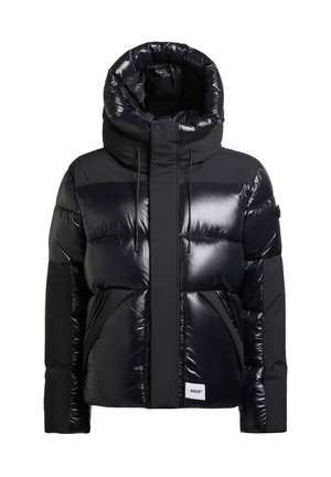 Black puffer jacket featuring a shiny finish, oversized hood, zip closure, and two front pockets with a quilted design.