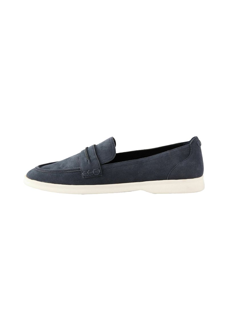 Dark blue suede slip-on shoes with a smooth texture, featuring a stitched strap across the vamp and a white rubber sole.