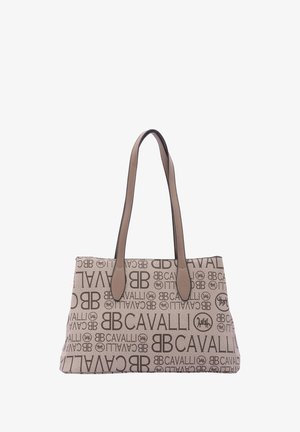Borsa tote in tela beige spaziosa con branding "Cavalli" marrone scuro, manici in pelle liscia, forma rettangolare e cuciture robuste.