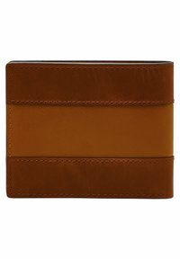 Bruine leren portemonnee met horizontale strepen in verschillende tinten bruin en beige. Soepele textuur, zichtbare stiksels langs de randen.