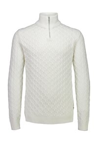 Witte gebreide trui met een hoge kraag, voorzien van een ruitpatroon, geribde manchetten en onderrand. Zip sluiting bij de hals voor een aanpasbare pasvorm.