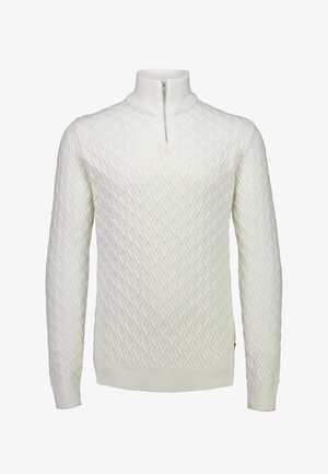 Suéter blanco de punto con cuello alto, que presenta un patrón de rombos, puños acanalados y dobladillo. Cierre con cremallera en el cuello para un ajuste ajustable.