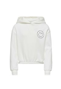 Haut à capuche blanc court avec une capuche, une taille élastique et des manches longues. Il présente une broderie de visage souriant sur la poitrine en fils noirs et bleus.
