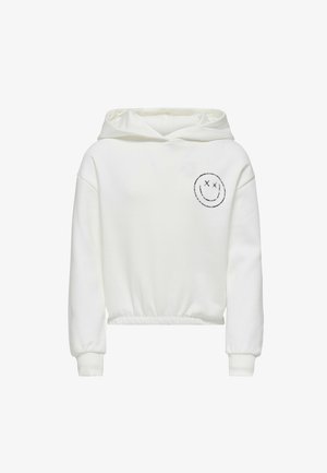 Haut à capuche blanc court avec une capuche, une taille élastique et des manches longues. Il présente une broderie de visage souriant sur la poitrine en fils noirs et bleus.