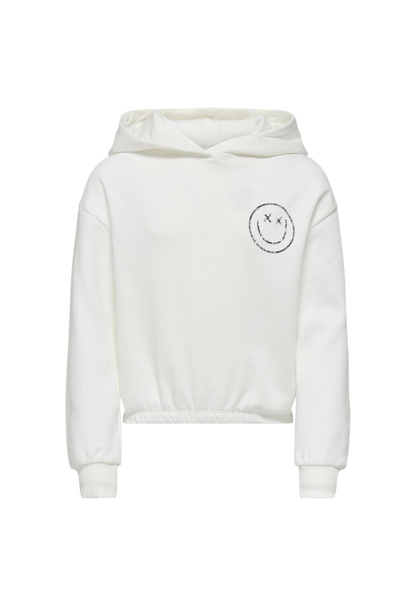 Haut à capuche blanc court avec une capuche, une taille élastique et des manches longues. Il présente une broderie de visage souriant sur la poitrine en fils noirs et bleus.