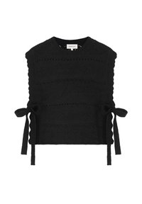 Zwart gebreid mouwloos trui-vest met gegolfde randen en gestrikte strikken aan beide zijden onder de oksels.