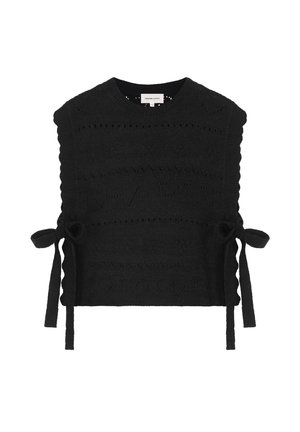 Zwart gebreid mouwloos trui-vest met gegolfde randen en gestrikte strikken aan beide zijden onder de oksels.