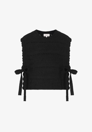 Zwart gebreid mouwloos trui-vest met gegolfde randen en gestrikte strikken aan beide zijden onder de oksels.