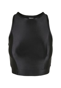 Czarny crop top bez rękawów z okrągłym dekoltem i dopasowanym krojem, wykonany z gładkiego, elastycznego materiału.