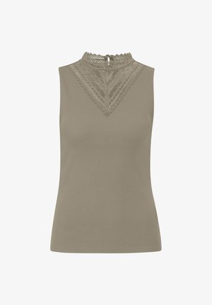 Ärmelloses Oberteil aus erdtonigem Stoff mit Spitzenakzenten am Ausschnitt und einer Knopfverschluss auf der Rückseite. Glatte Textur, figurbetonte Form.
