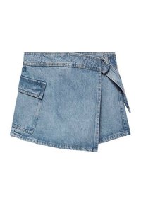 Denim ovitek krilo v svetlo modri barvi, ki ima stransko žep, raztrgane roba in zavezovanje. Mehka tekstura s klasičnim krojem.