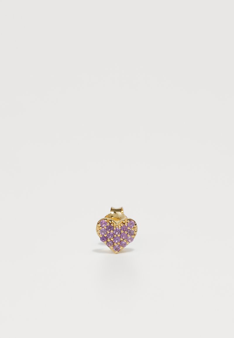 Gold heart-shaped stud earring with purple stones, featuring a polished finish and multiple faceted stones arranged in a symmetrical pattern.