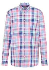 Camisa de manga larga a cuadros con tonos rosas, azules y verdes, cuello abotonado, botones blancos y un bolsillo en el pecho. Material de algodón.