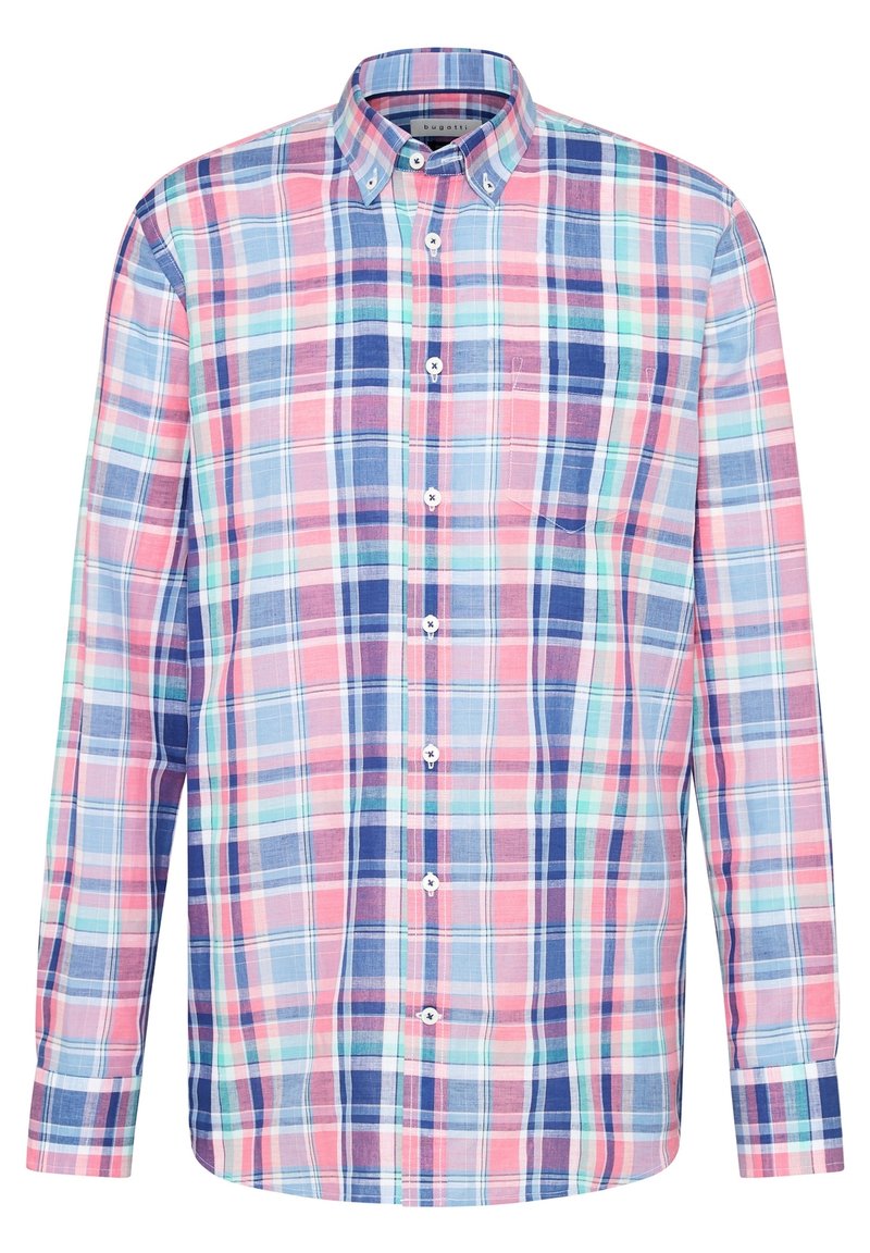 Camisa de manga larga a cuadros con tonos rosas, azules y verdes, cuello abotonado, botones blancos y un bolsillo en el pecho. Material de algodón.