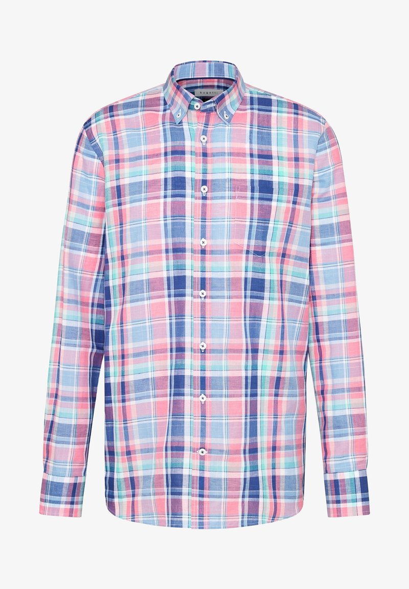 Camisa de manga larga a cuadros con tonos rosas, azules y verdes, cuello abotonado, botones blancos y un bolsillo en el pecho. Material de algodón.