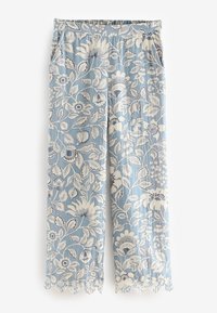 Light blue pants with white floral print, elastic waistband, wide legs, and lace trim at the hems.