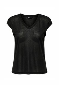 T-shirt noir à manches courtes et décolleté en V, fabriqué à partir d'un tissu léger, légèrement transparent avec un éclat subtil, doté d'une coupe décontractée.