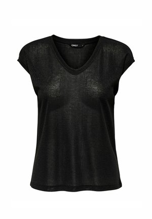 Camiseta negra de manga corta con escote en V, hecha de un tejido ligero y ligeramente transparente con un sutil brillo, que presenta un corte relajado.