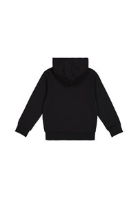 Hoodie noir au toucher doux, présentant une vue arrière, une capuche et de longues manches avec des poignets et un ourlet côtelés. Pas de logos ou motifs visibles.