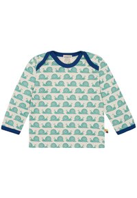 Langärmliges Hemd mit einem weißen Hintergrund und sich wiederholenden, türkisfarbenen Schneckenmustern. Kontrastierende marineblaue Ausschnitt- und Ärmelbündchen. Aus Baumwollmaterial.