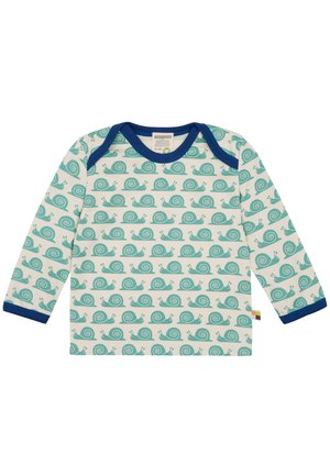 Langärmliges Hemd mit einem weißen Hintergrund und sich wiederholenden, türkisfarbenen Schneckenmustern. Kontrastierende marineblaue Ausschnitt- und Ärmelbündchen. Aus Baumwollmaterial.