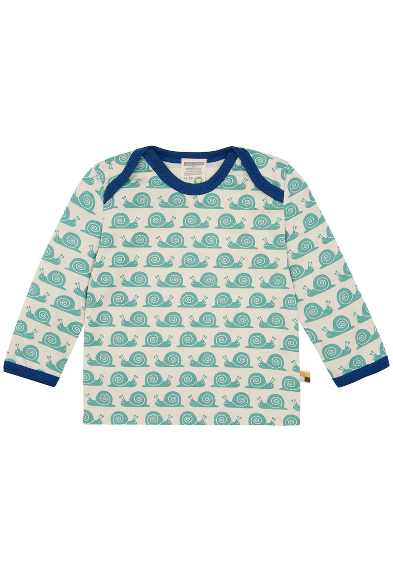 Langärmliges Hemd mit einem weißen Hintergrund und sich wiederholenden, türkisfarbenen Schneckenmustern. Kontrastierende marineblaue Ausschnitt- und Ärmelbündchen. Aus Baumwollmaterial.