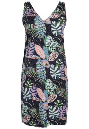 Sleeveless V-neck dress with a multicolored tropical leaf pattern in green, pink, blue, and white on a dark background.