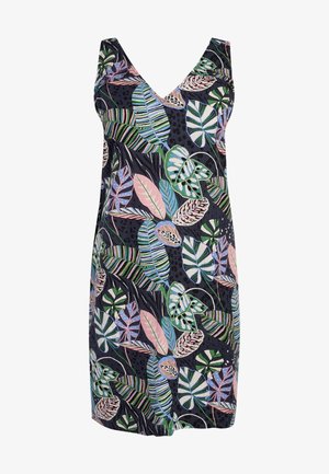 Vestido sin mangas con escote en V y un patrón de hojas tropicales multicolores en verde, rosa, azul y blanco sobre un fondo oscuro.