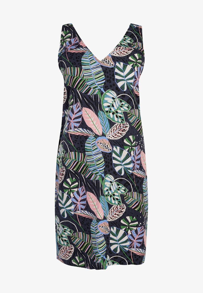 Robe sans manches à col en V avec un motif de feuilles tropicales multicolores en vert, rose, bleu et blanc sur un fond sombre.