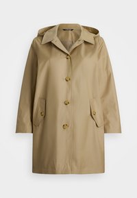 Beige regnjacka med huva, med en knappfäst front, två sidofickor och ett slätt, hållbart tyg. Klassisk design med en skräddarsydd passform.