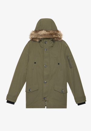 Olive green winter parka with hood trimmed in brown faux fur, front buttons, zippered sleeve pocket, and flap pockets at the waist.