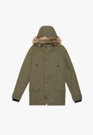 Olive green winter parka with hood trimmed in brown faux fur, front buttons, zippered sleeve pocket, and flap pockets at the waist.