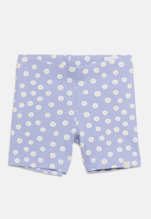 Child's ribbed purple shorts with white daisy flower pattern and elastic waistband, laid flat on white background.