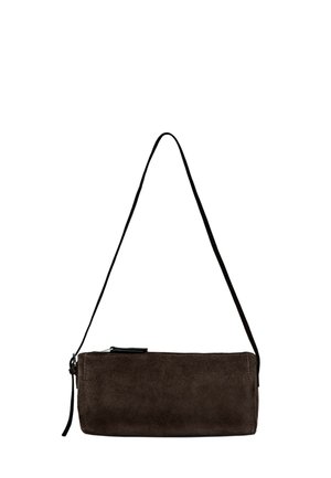 Rectangular dark brown suede shoulder bag with a long thin strap and a top zipper closure.