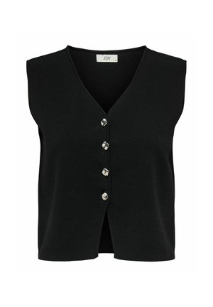 Črn pleteni brezrokavnik z V-izrezom, ki ima pet srebrnih gumbov po sprednji strani in ravno obrobo.